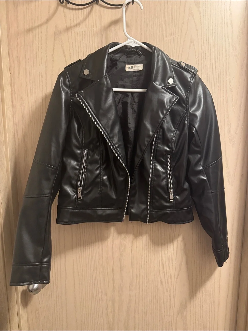 H&M Black Vegan Leather Moto Jacket with Silver Hardware